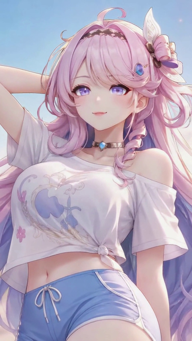 海边粉发眨眼美少女