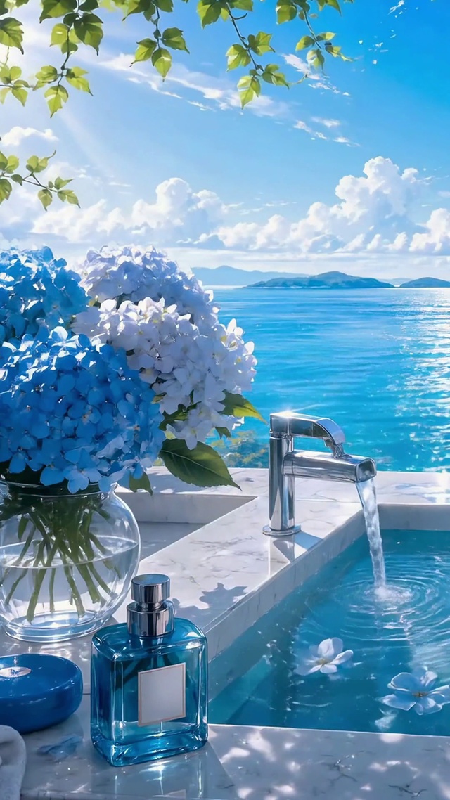 治愈海景窗边蓝色绣球花