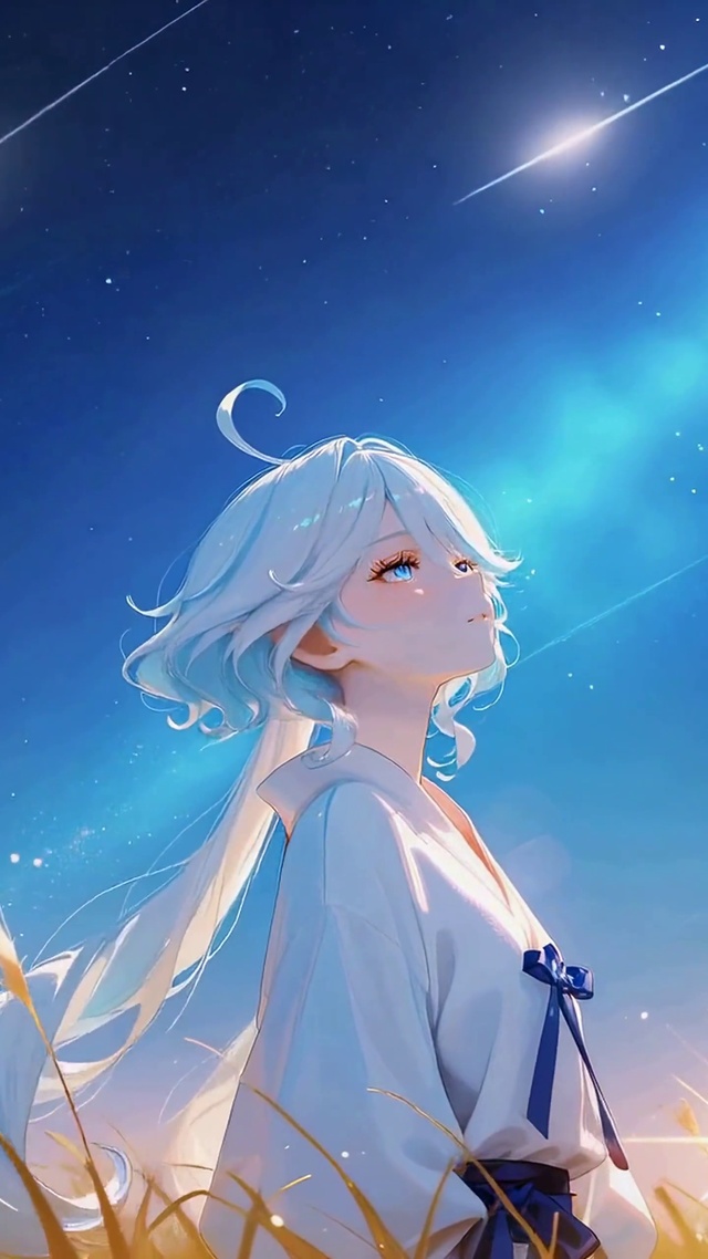 星空旷野下的蓝发美少女