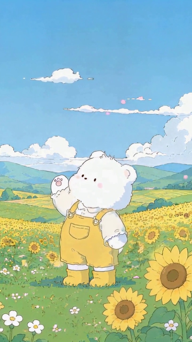 治愈向日葵花田可爱小白熊