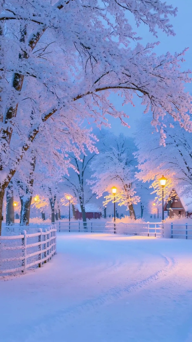 雪铺的路，暖灯边的雪房子