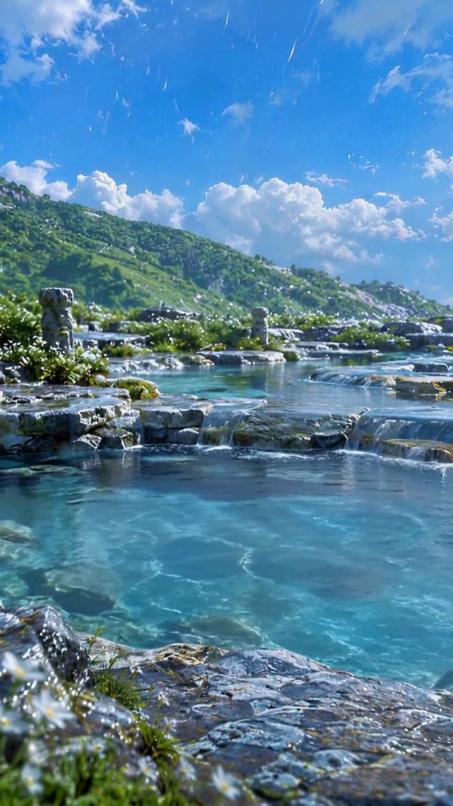 清新山间叠水湖泊美景