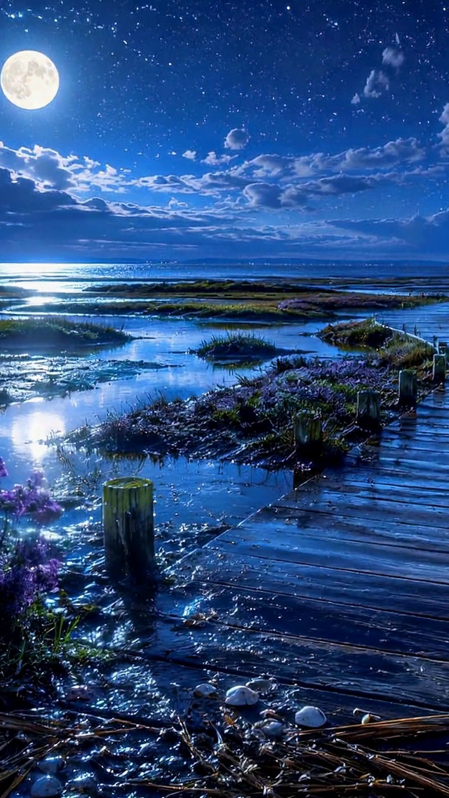 静谧月夜星空湿地栈道