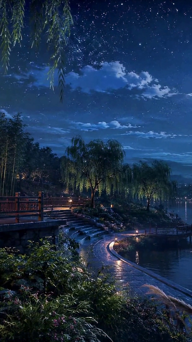 静谧月夜湖畔星空夜景