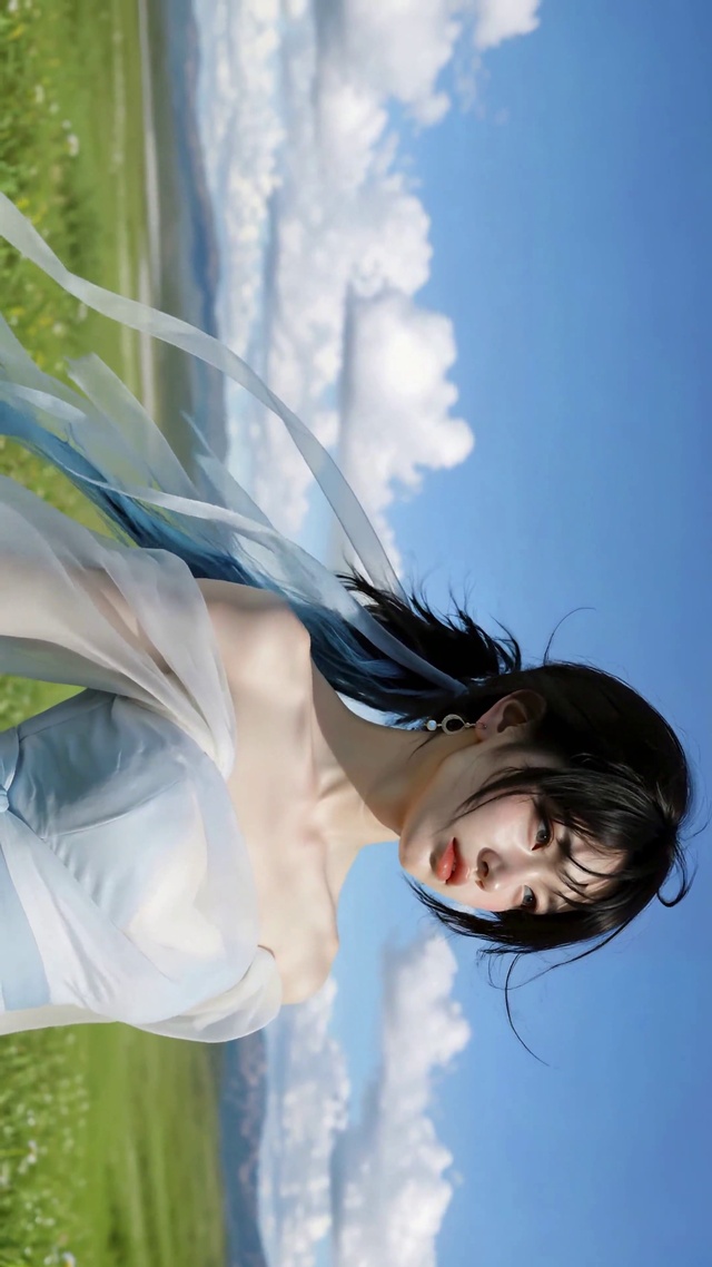 草原蓝裙清新少女