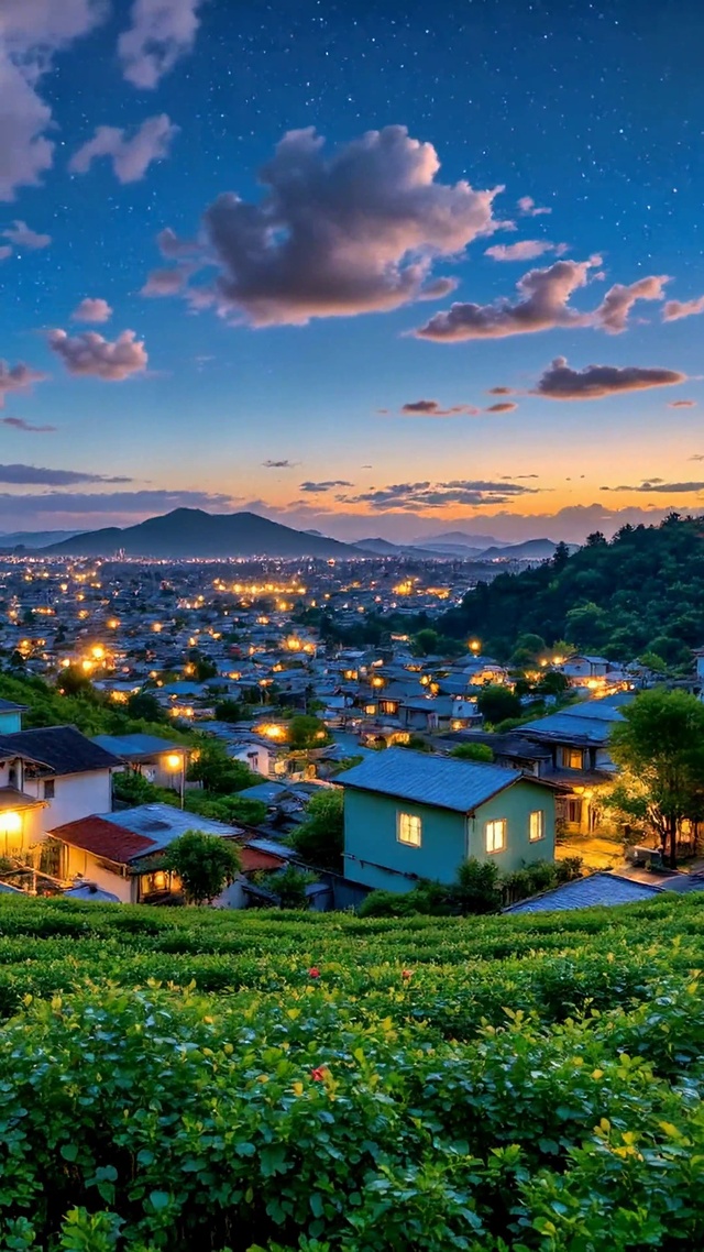 夜幕星空山城小镇风光