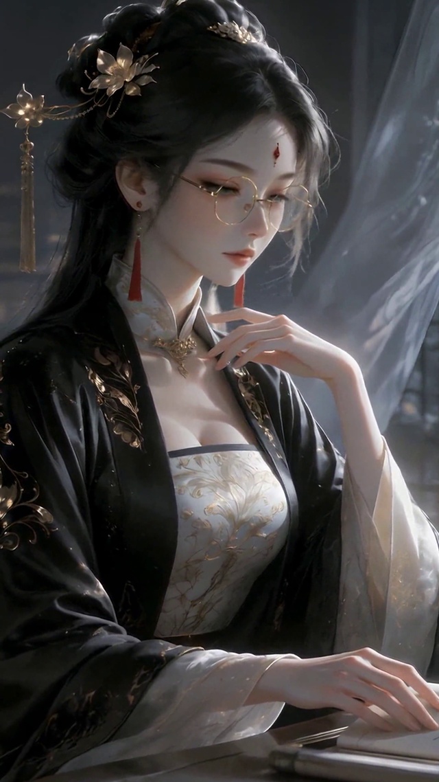 月夜古风美人书房赏画