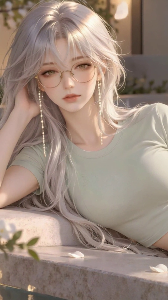 银发少女池边休憩