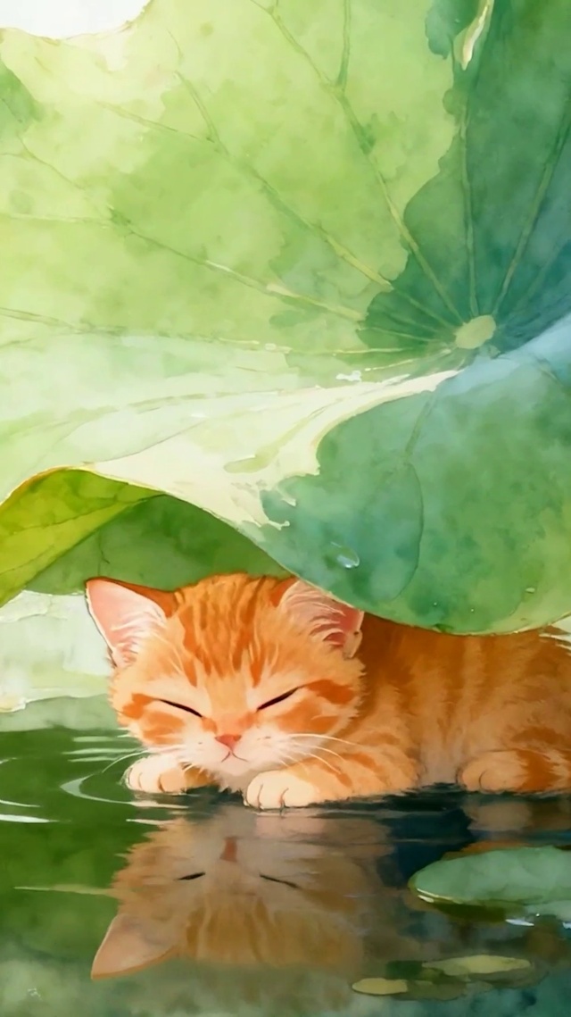荷叶下猫咪
