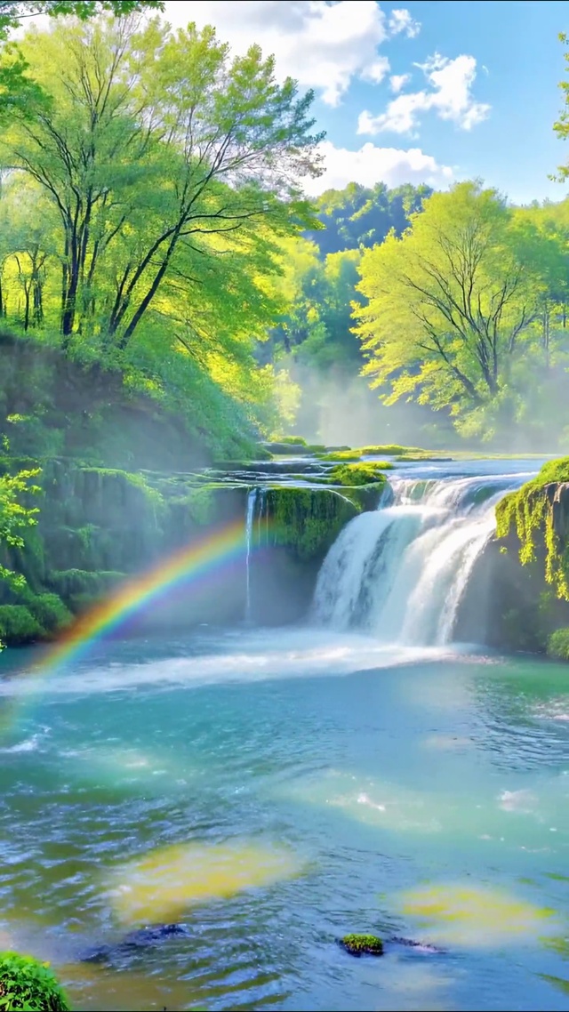 清新林间溪流瀑布美景