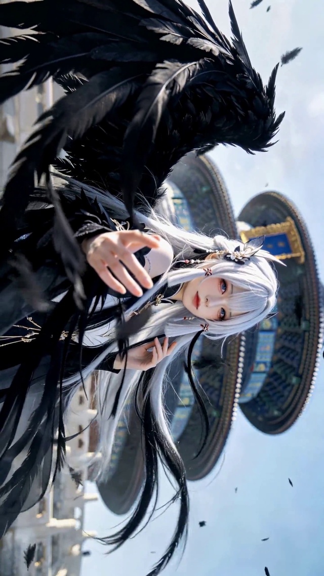 天坛黑翼白发古风美少女