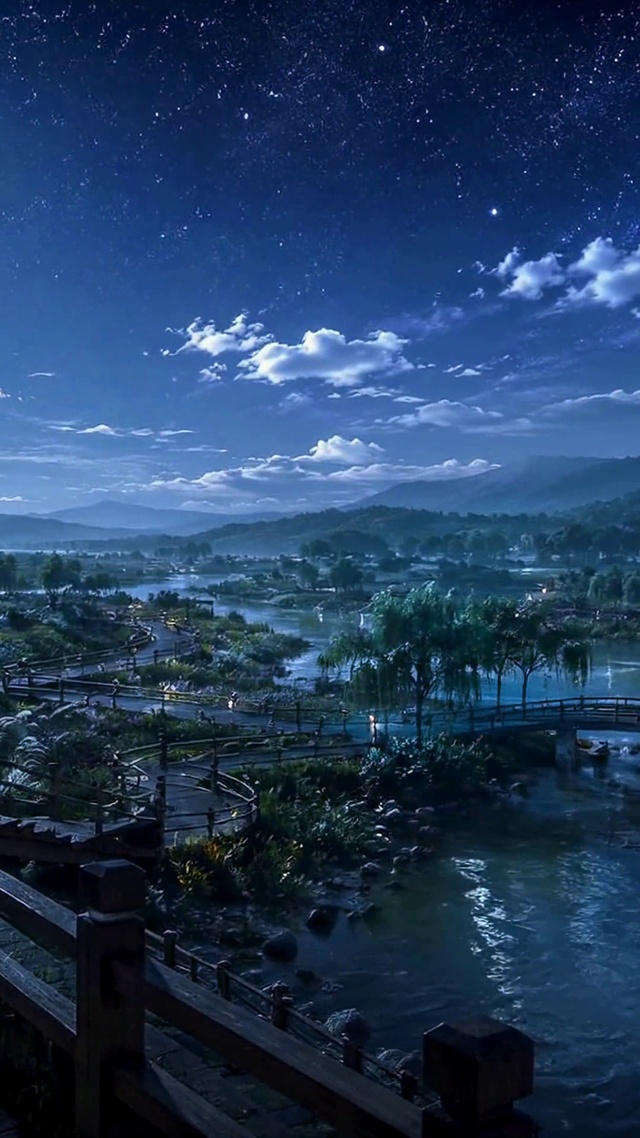 月下山水夜景