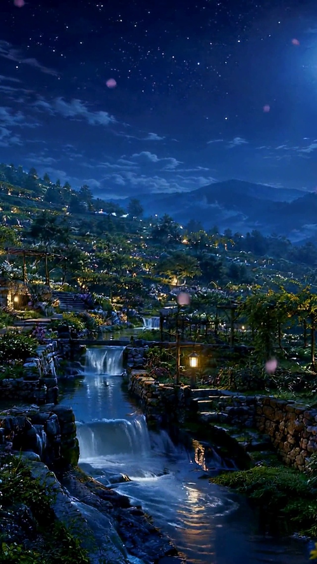 月夜山村溪流唯美夜景
