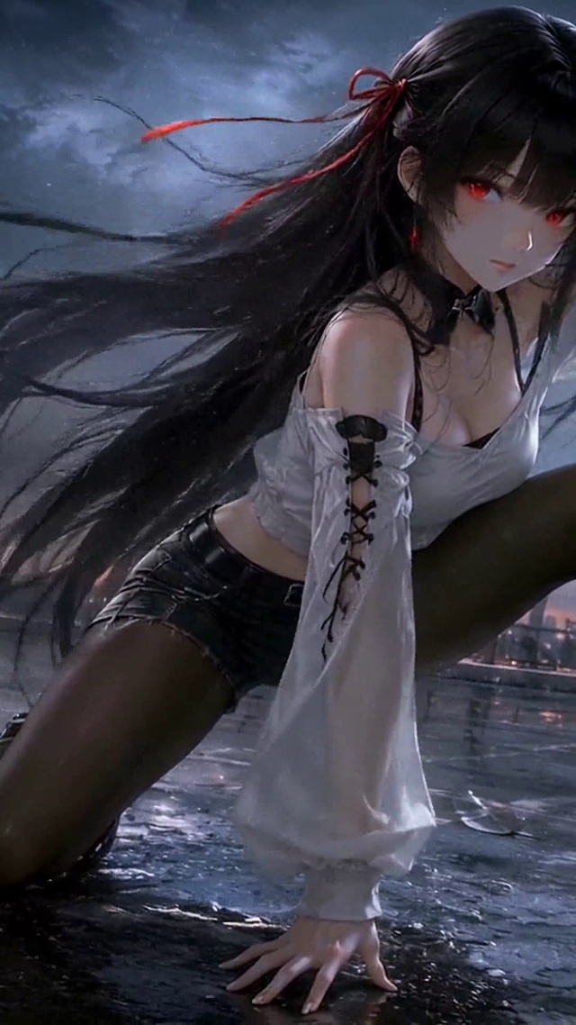 雨夜黑发红瞳二次元美少女