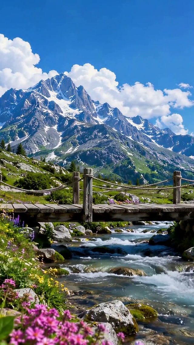晴空雪山花海溪流治愈风景