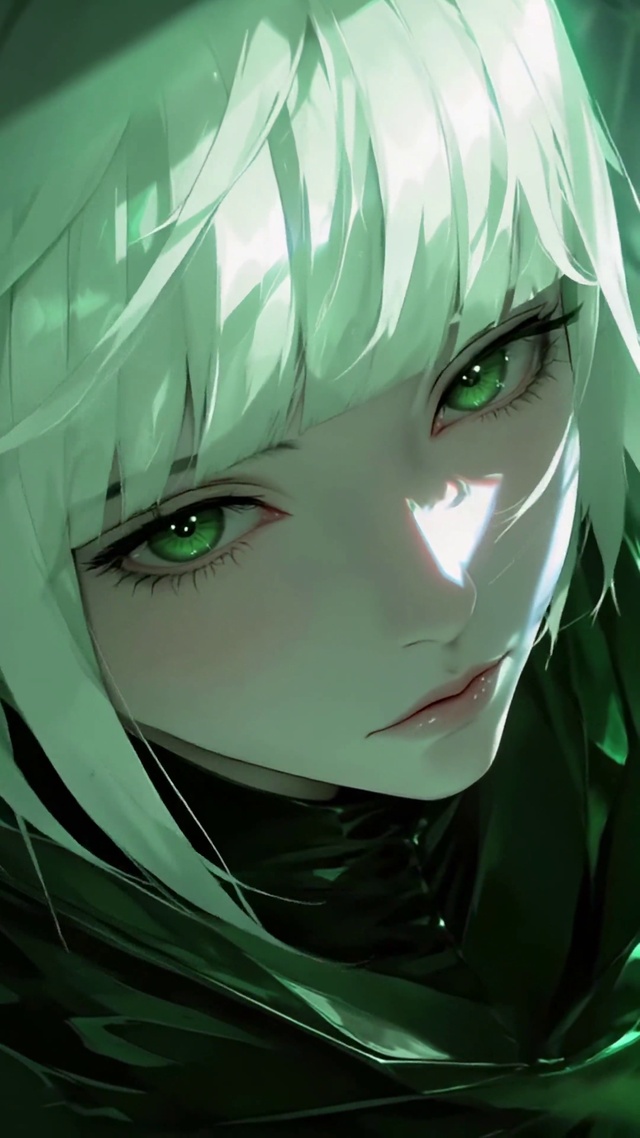 绿瞳白发少女月夜凝望
