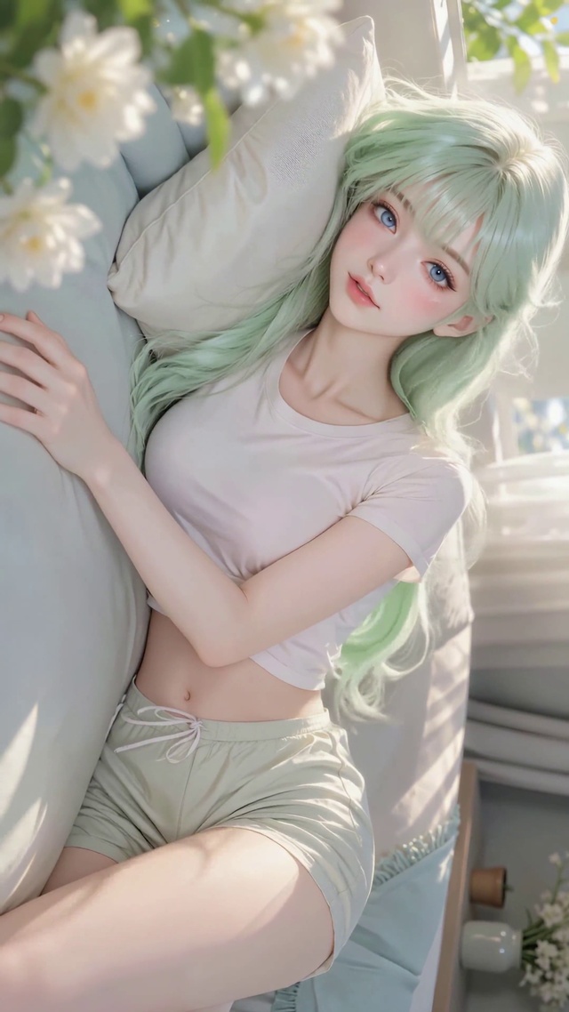清新浅绿发居家美少女