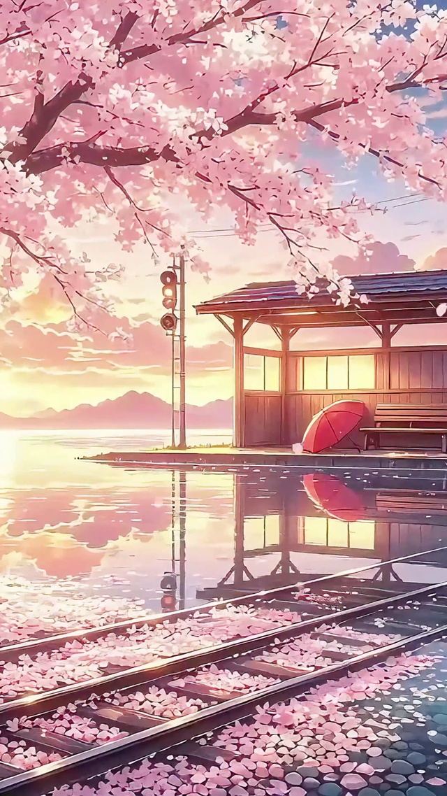 唯美夕阳下镜湖樱花站