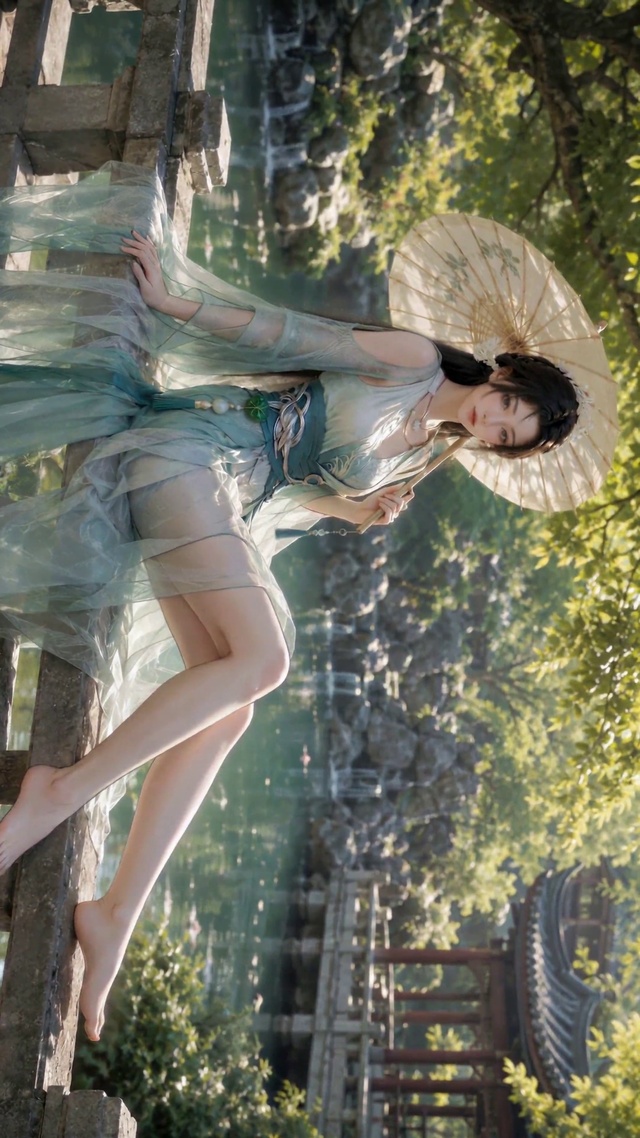 古风园林撑伞美少女
