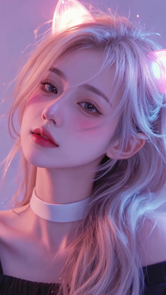 粉紫柔光下的猫耳少女
