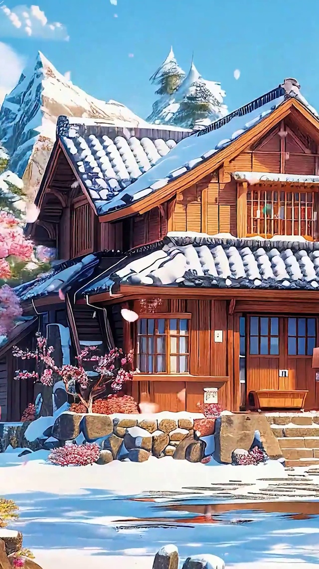 蓝天白云樱花树木雪景