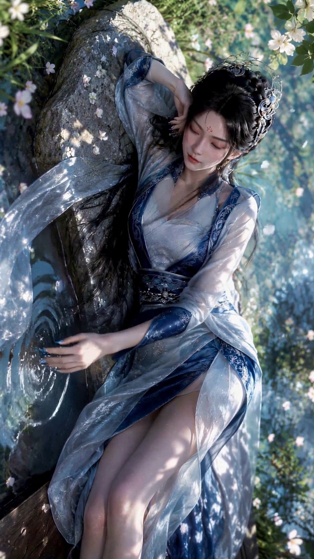 溪畔古风蓝衣美人