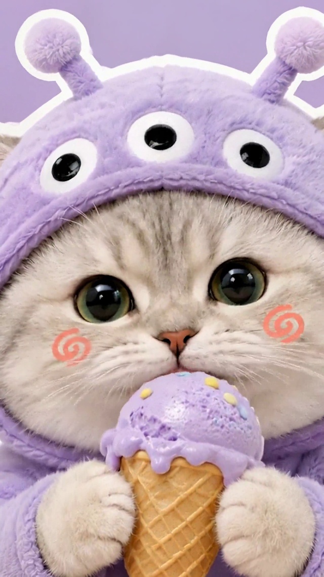 紫系太空萌猫吃冰淇淋