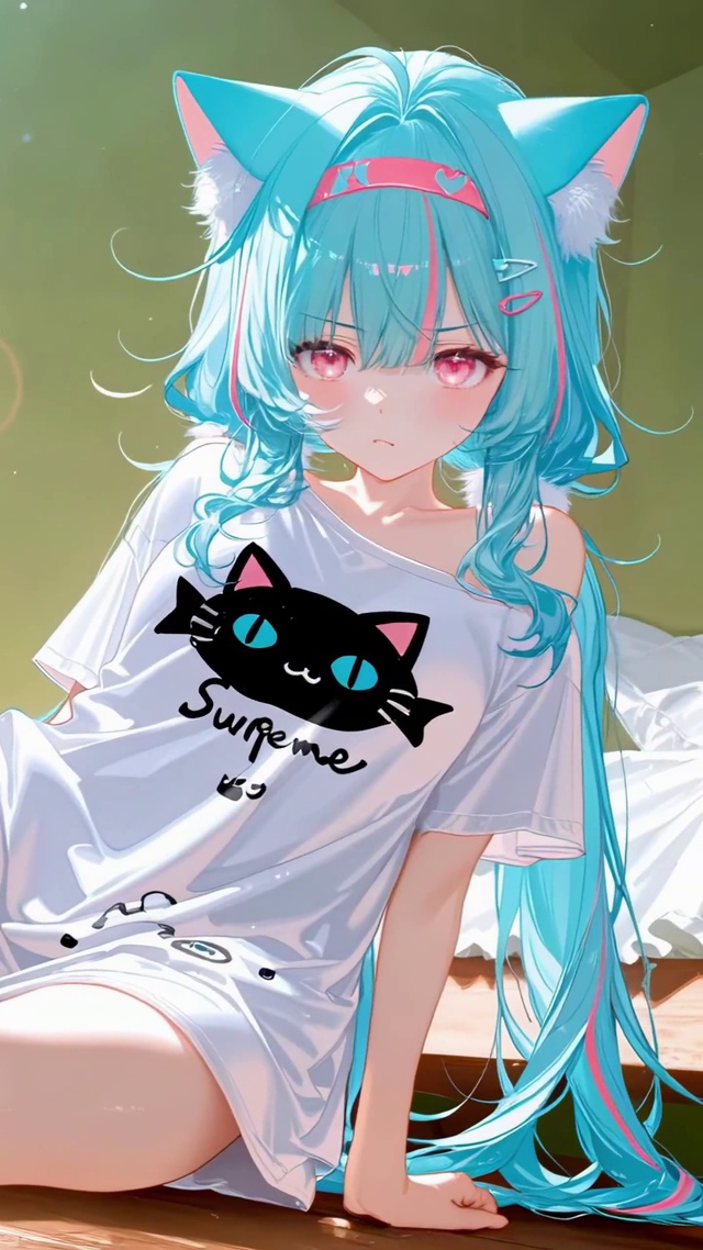 卧室阳光里的蓝发猫娘