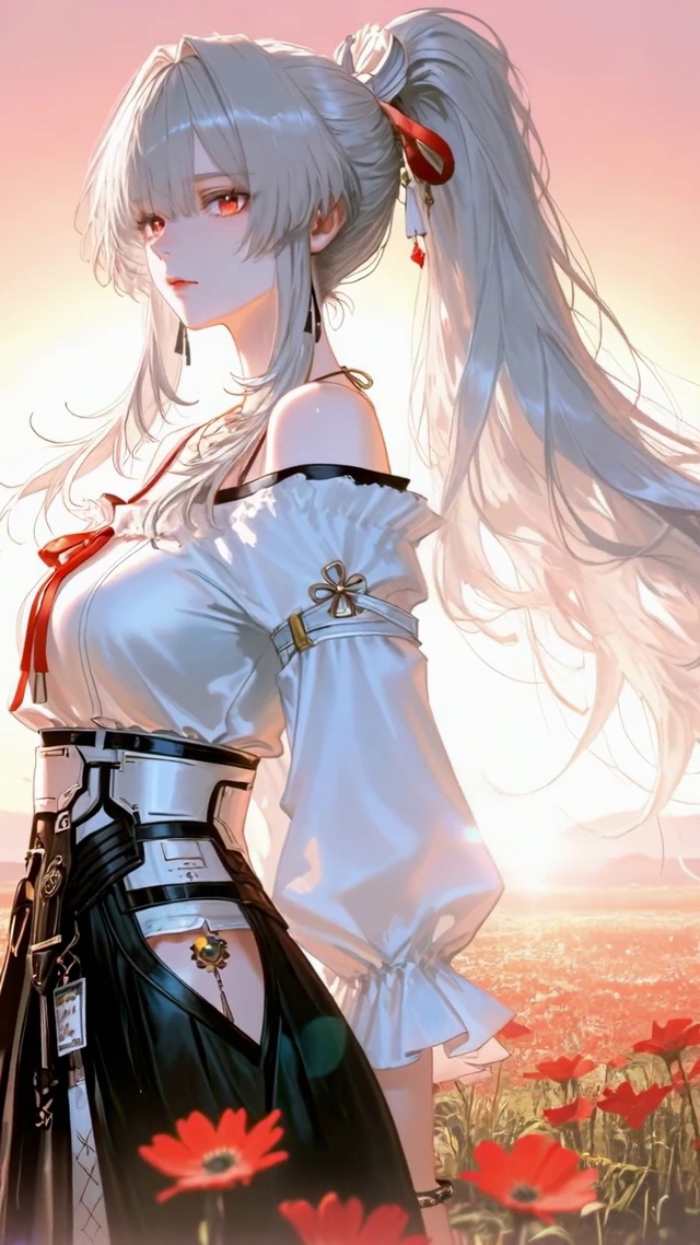夕阳花海下的红瞳少女