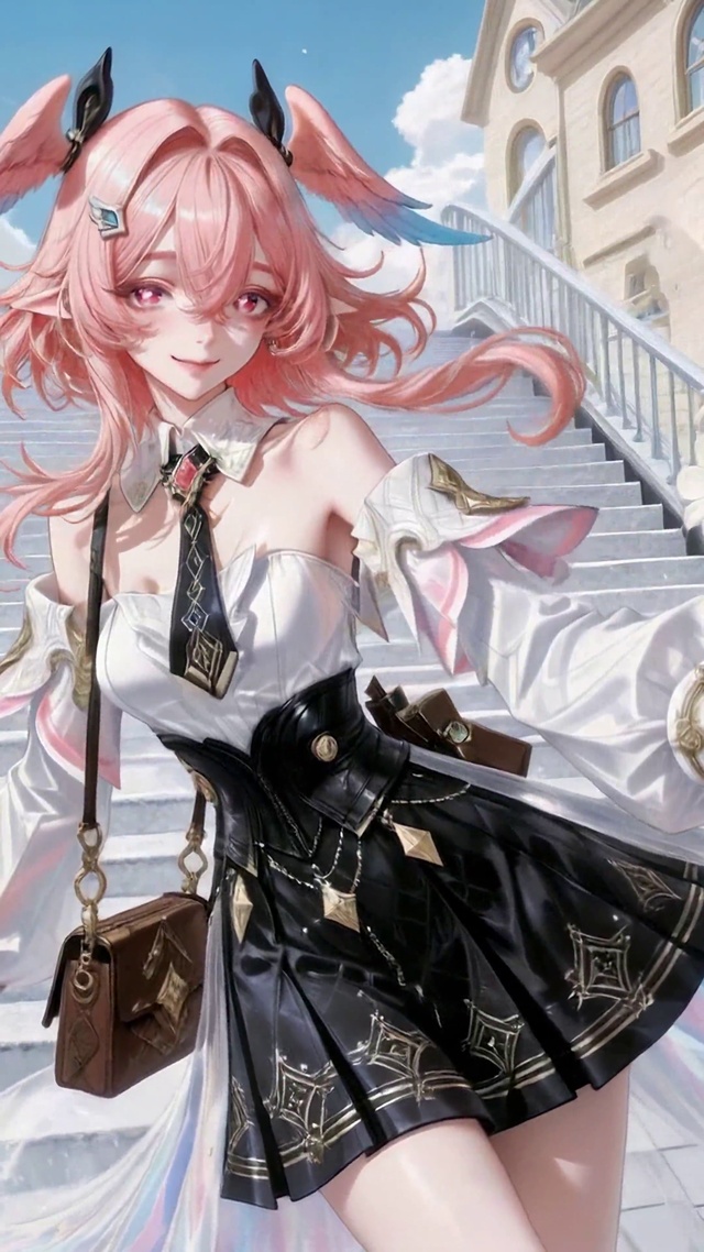 粉发二次元美少女街角赏花