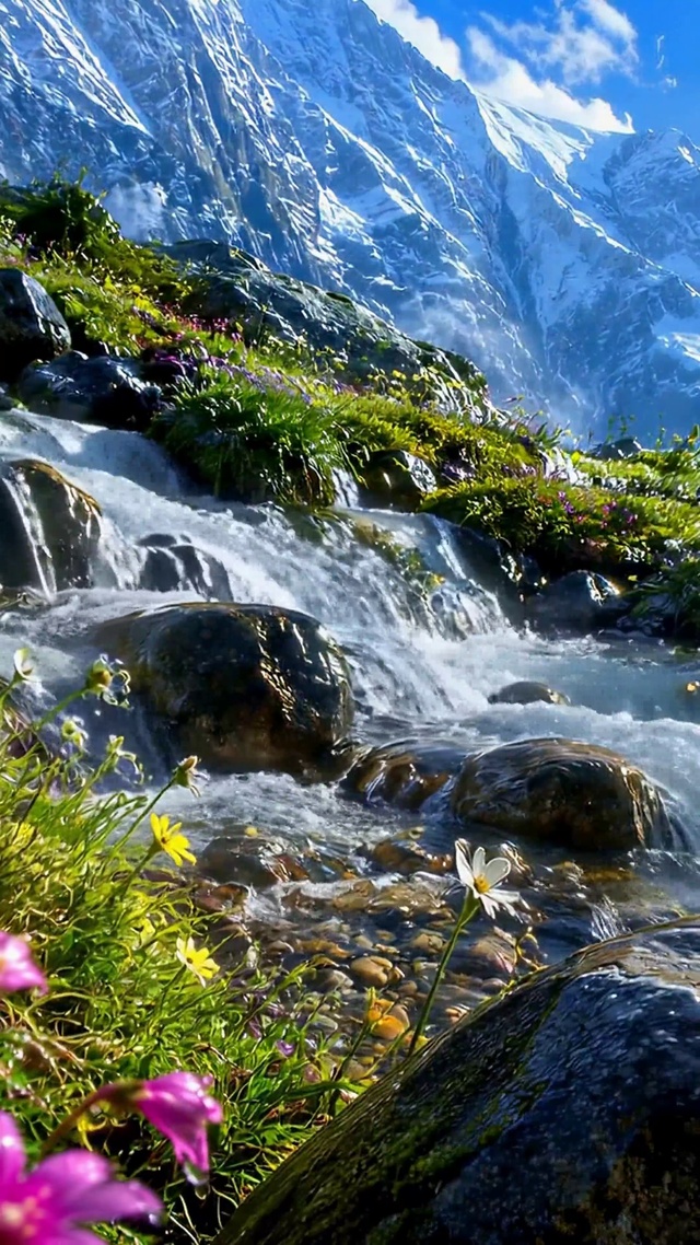 雪山溪流山间野花美景