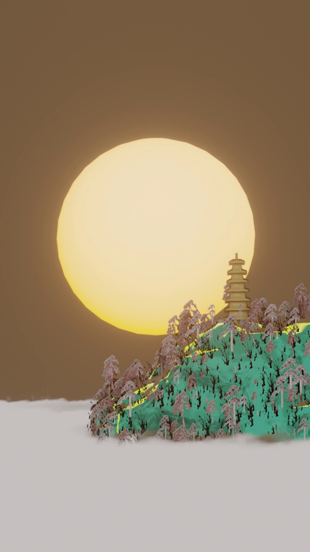 水墨夕阳云海青山古寺