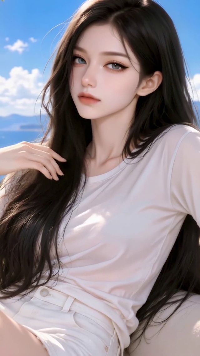 临海露台清纯长发美少女