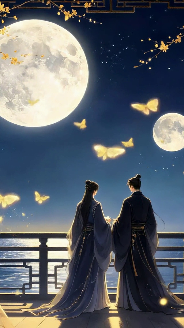 古风月夜情侣共赏双月海景