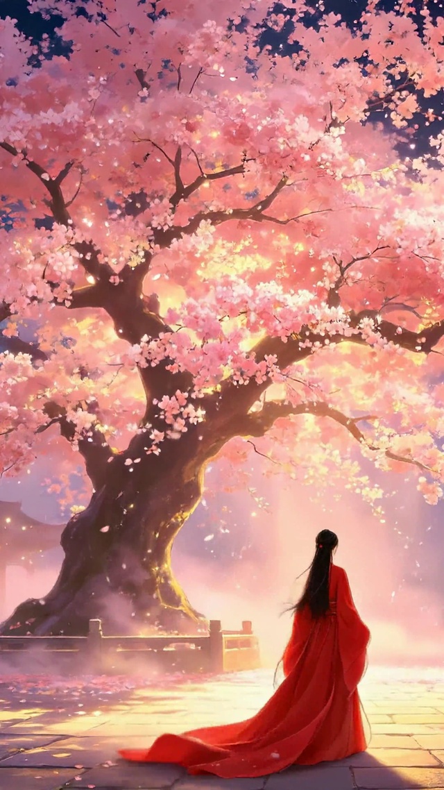 红裙女子古院赏樱夜景