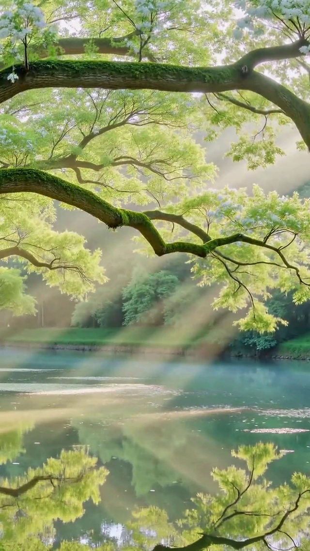 晨光林间河流唯美自然风景