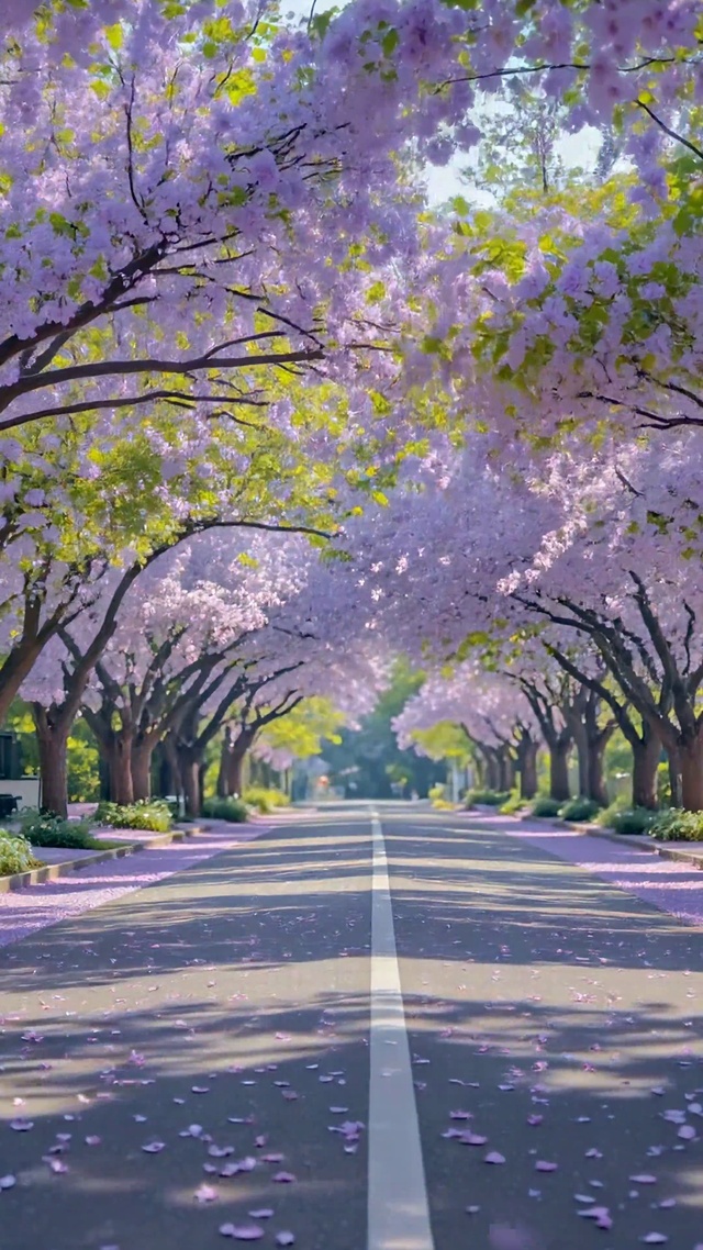 唯美紫色樱花林荫大道