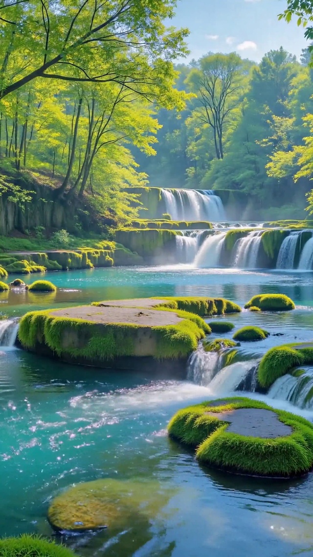 清幽森林叠瀑治愈风光