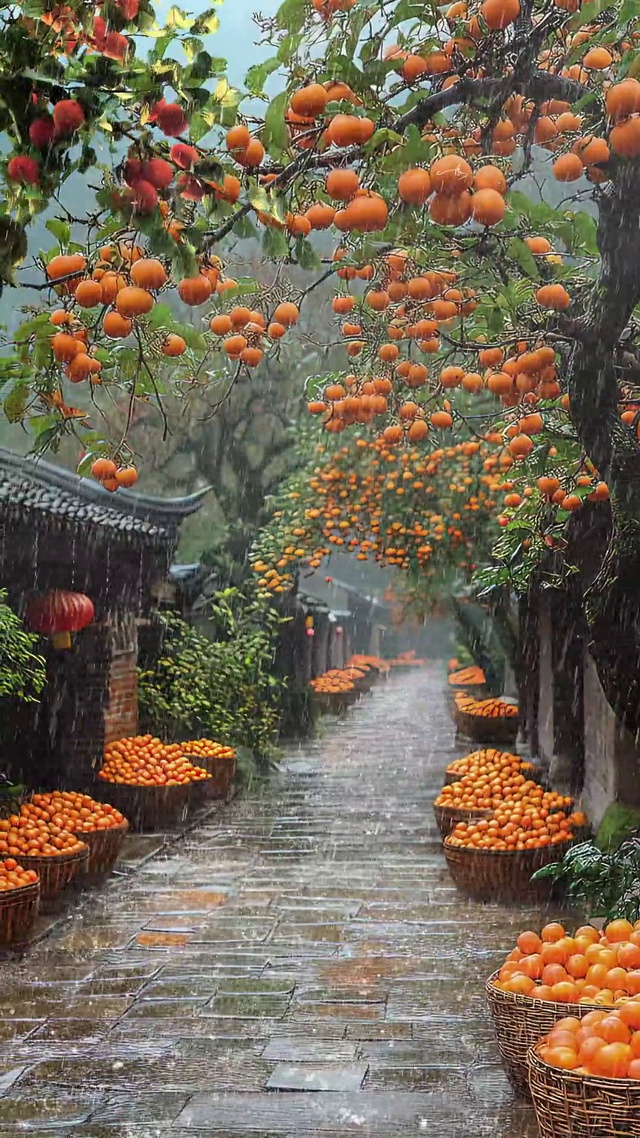 雨天柿子树