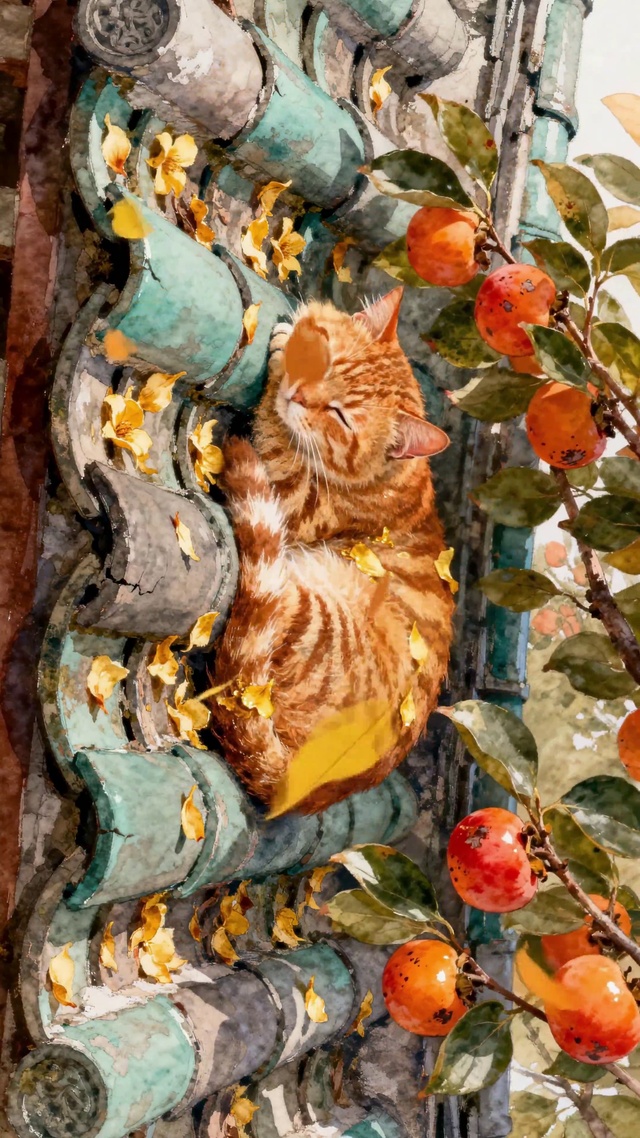 秋日柿树安睡橘猫
