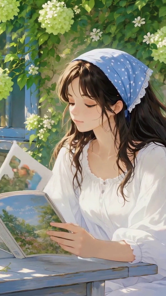 花窗暖阳下阅读的少女