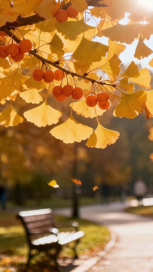 雨后的公园长椅上的秋日治愈时光