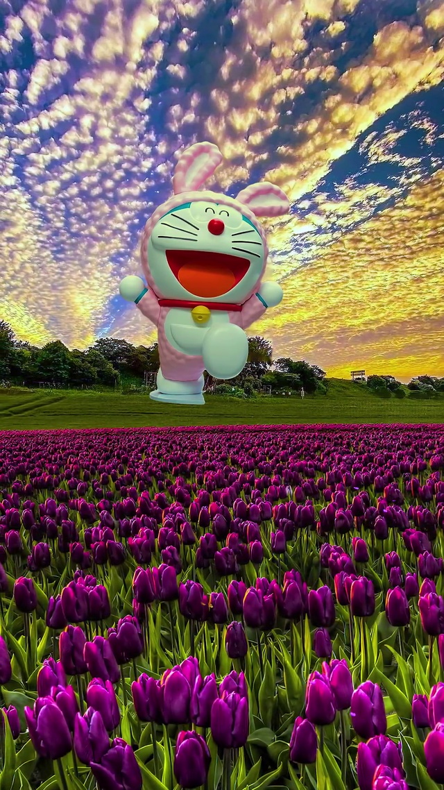 浪漫花海，可爱叮当猫