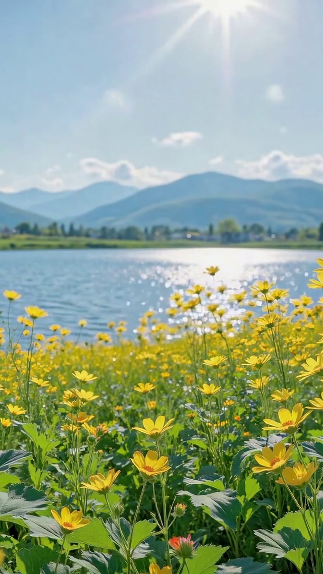 晴空湖畔黄花清新自然风景