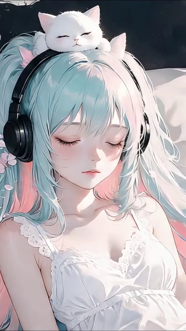 青发少女和闭目养神的白猫