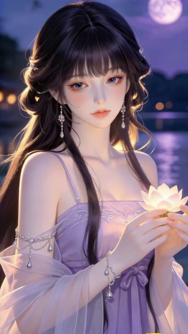 月色荷塘的莲花少女