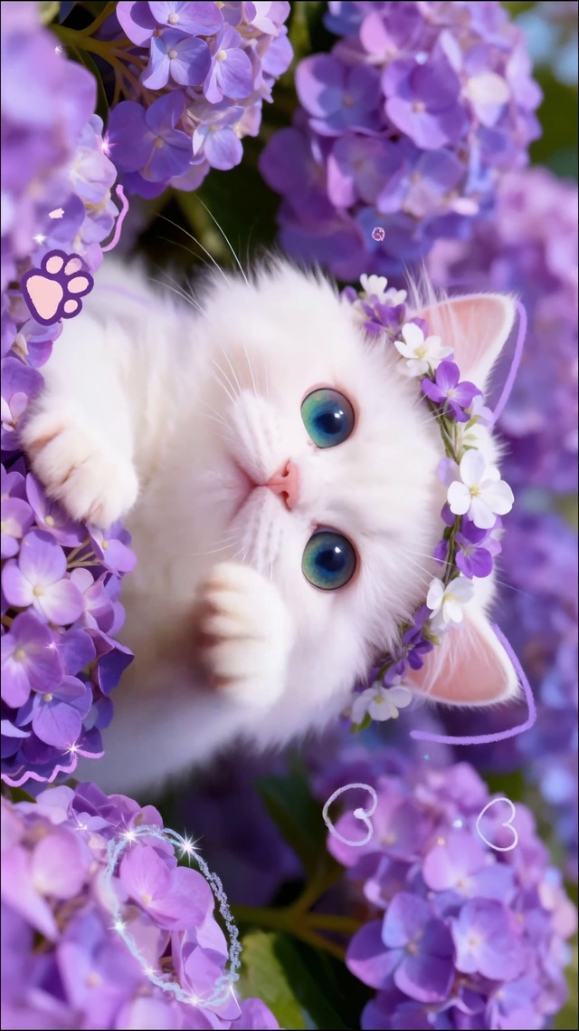 萌宠花丛小白猫