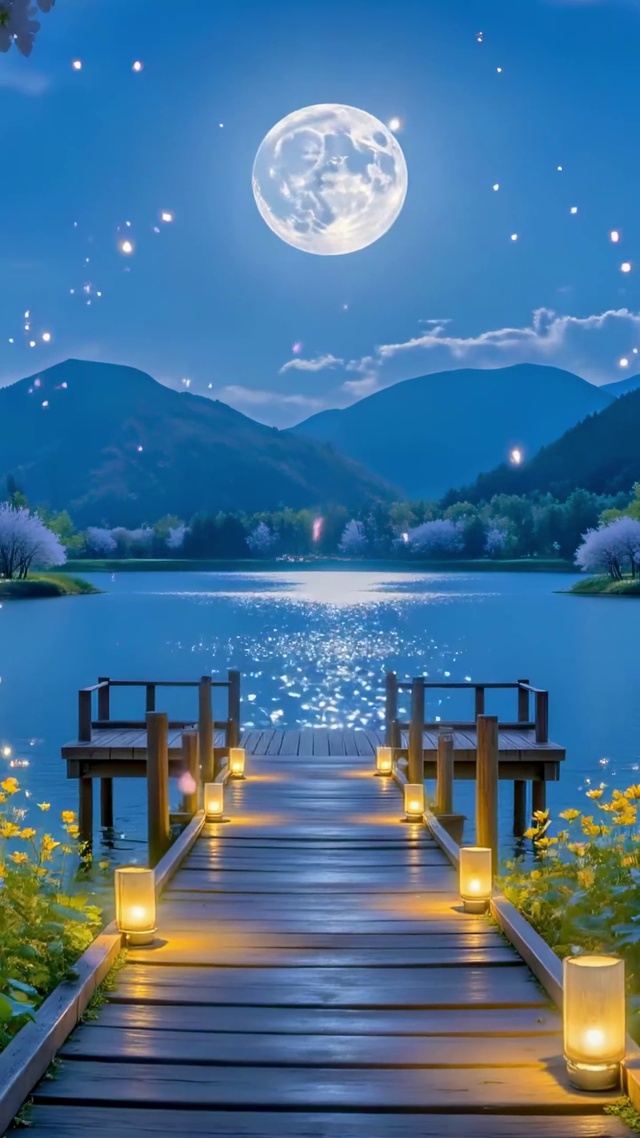 满月下的湖光花径
