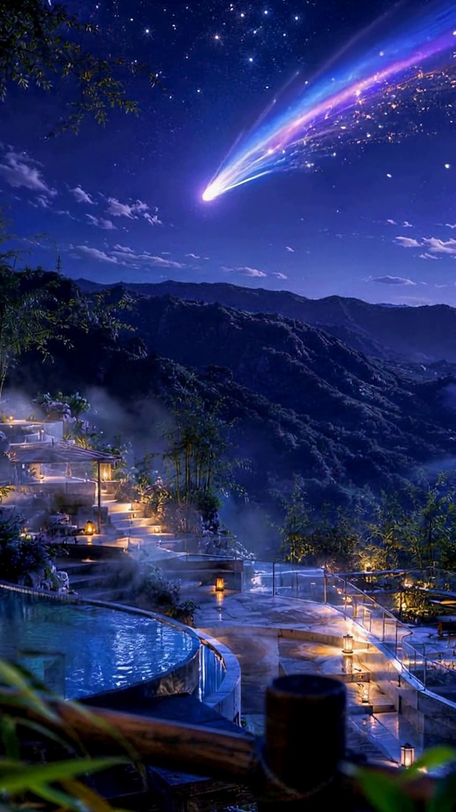 流星满月山谷温泉夜景
