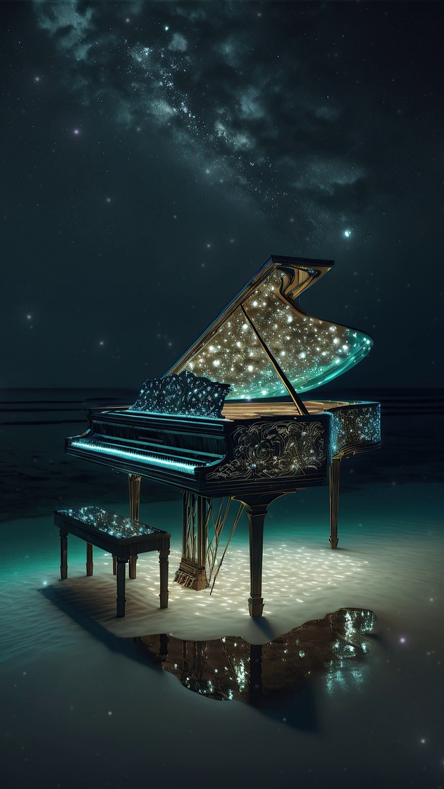 璀璨星空海边沙滩钢琴